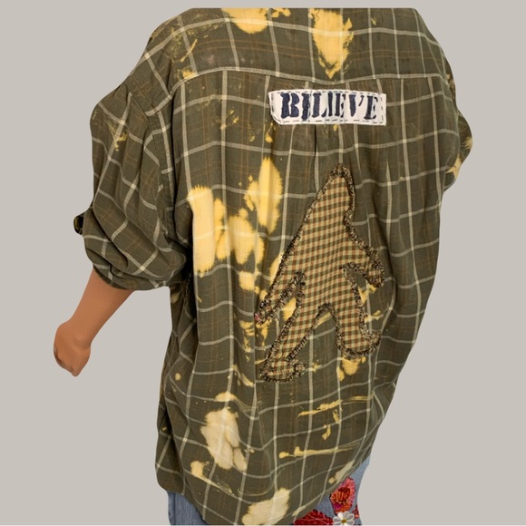 Upcycled Plaid Button-Up Shirt with Bleach Splatter with Bigfoot on the back. - Picture 6 of 14